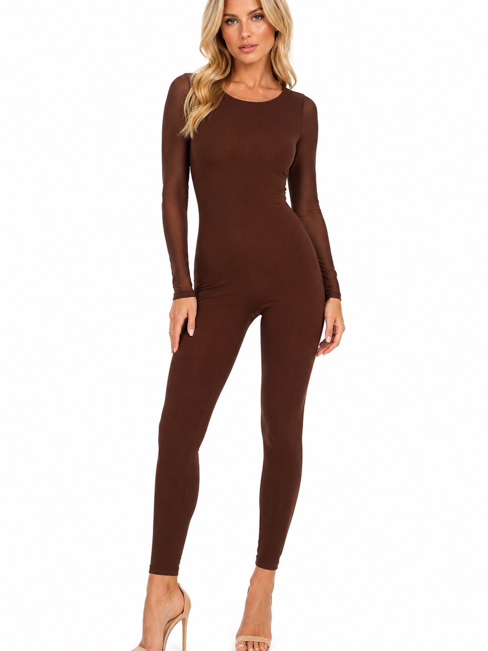 AKIRA Brown Long Sleeve Mesh Jumpsuit Bodysuit NWT
